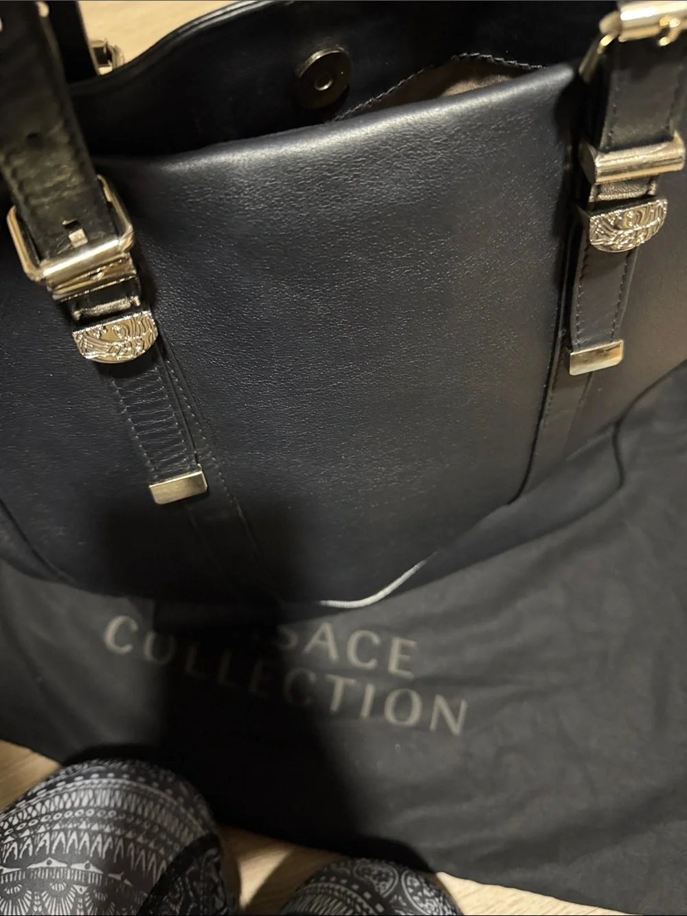 Versace Collection Black Leather Messenger Tote Bag